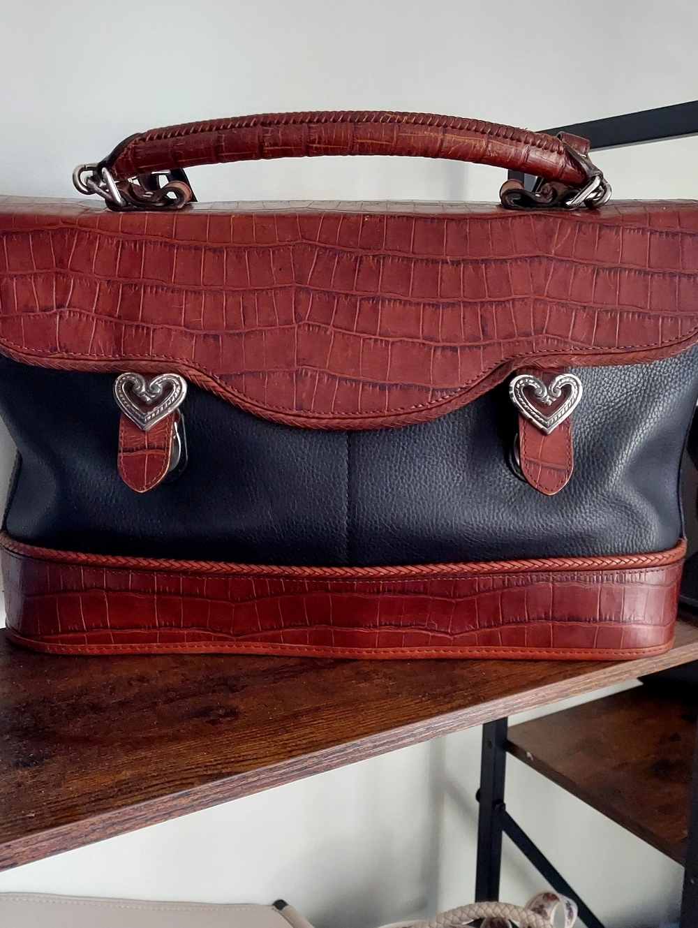 Brighton Classic Two-Tone Top-Handle Satchel in Brown Croc Emboss and Black